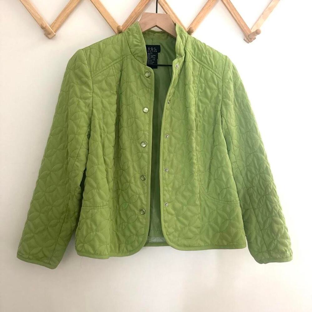 Green quilted jacket with button up front